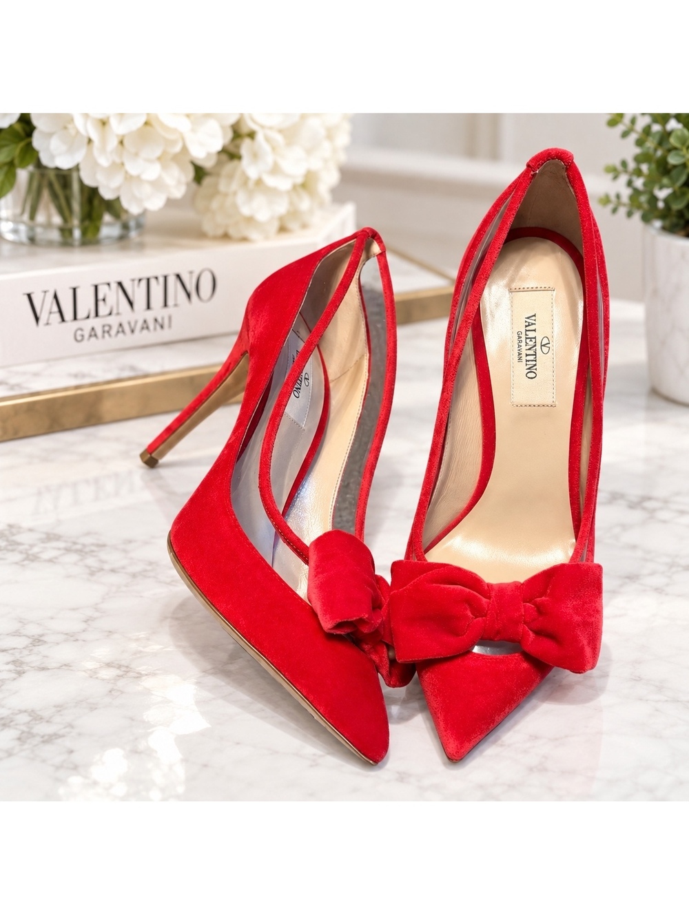 Valentino Garavani Red Velvet PVC Bow Pointed Toe Pumps Heels 37.5 Italy